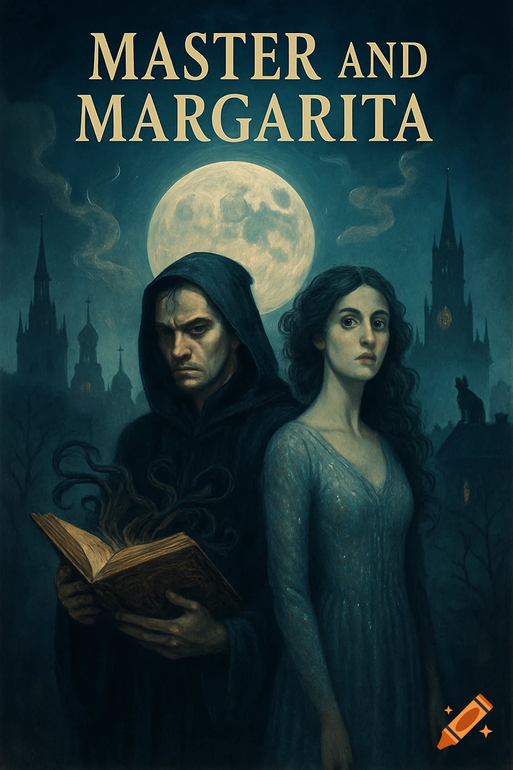 A hooded man holding a glowing book and a woman under a full moon, with gothic buildings. Text 'MASTER AND MARGARITA'.