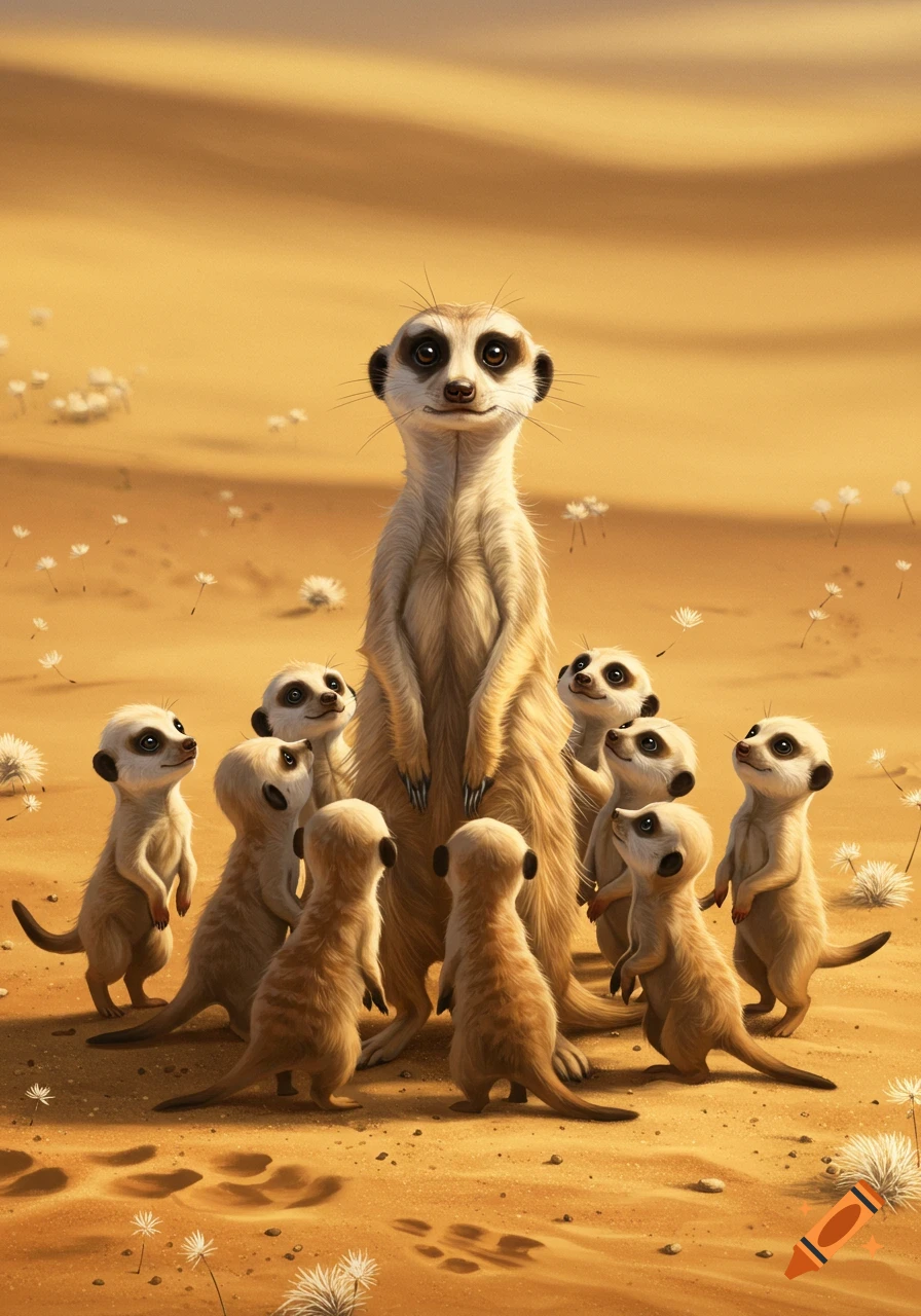 A large meerkat stands tall in a sandy desert, surrounded by a group of smaller baby meerkats looking up at it.