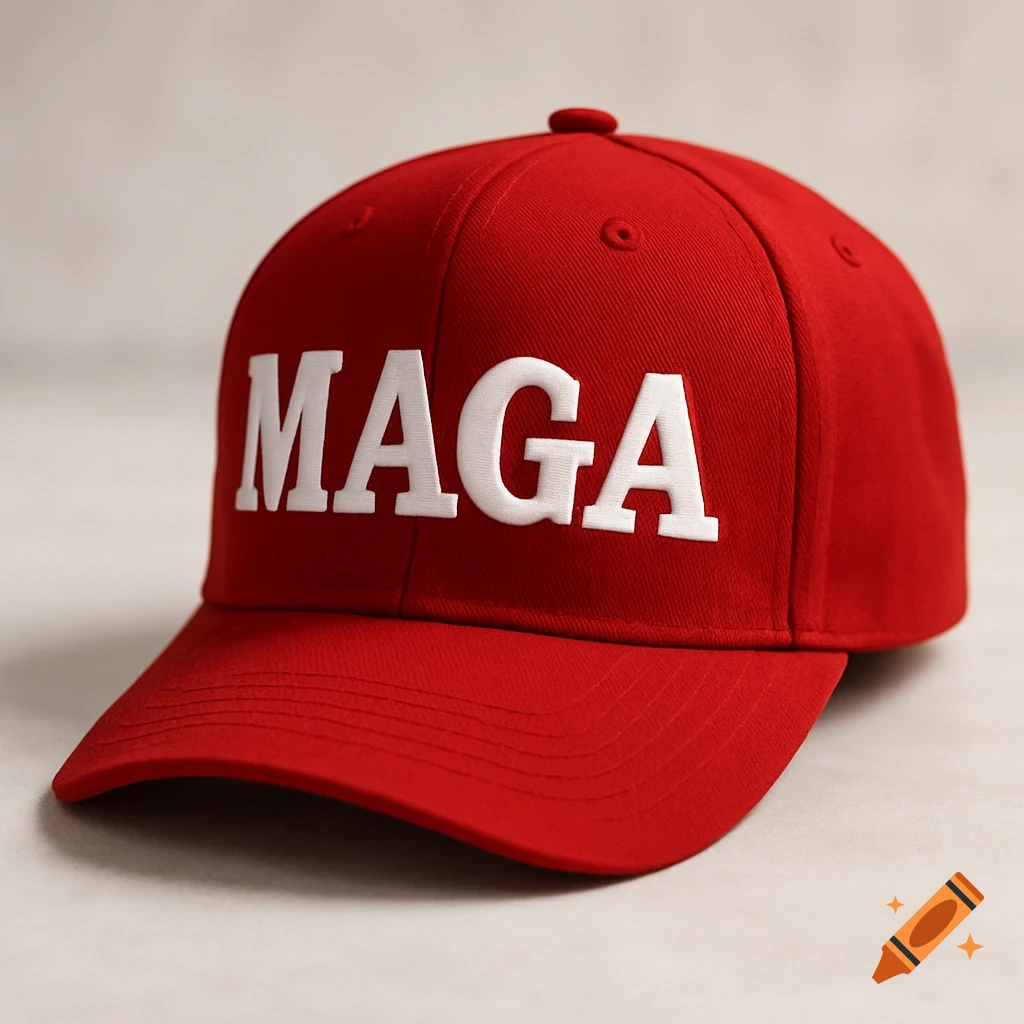 A red baseball cap with the word 'MAGA' embroidered in white on the front, captured in a photorealistic style.