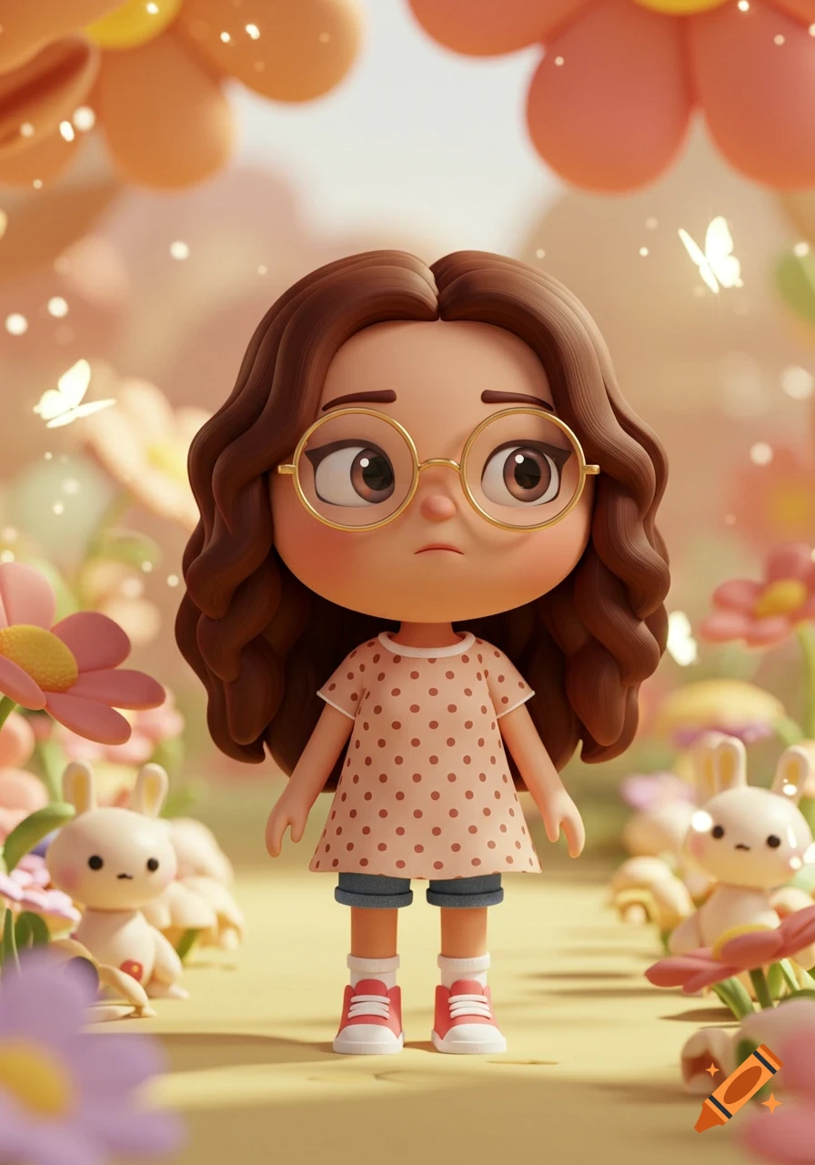 A cute 3D cartoon girl with brown curly hair and round glasses stands in a whimsical garden with pastel flowers and bunny figures.