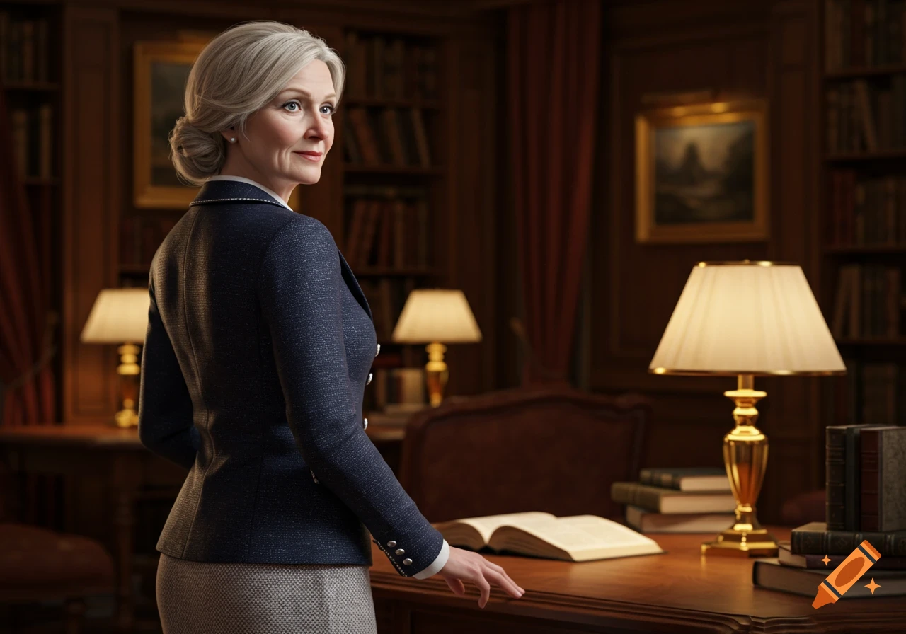 A sophisticated older woman with grey-blonde hair and a blue tweed blazer stands in a dimly lit library, looking back over her shoulder.