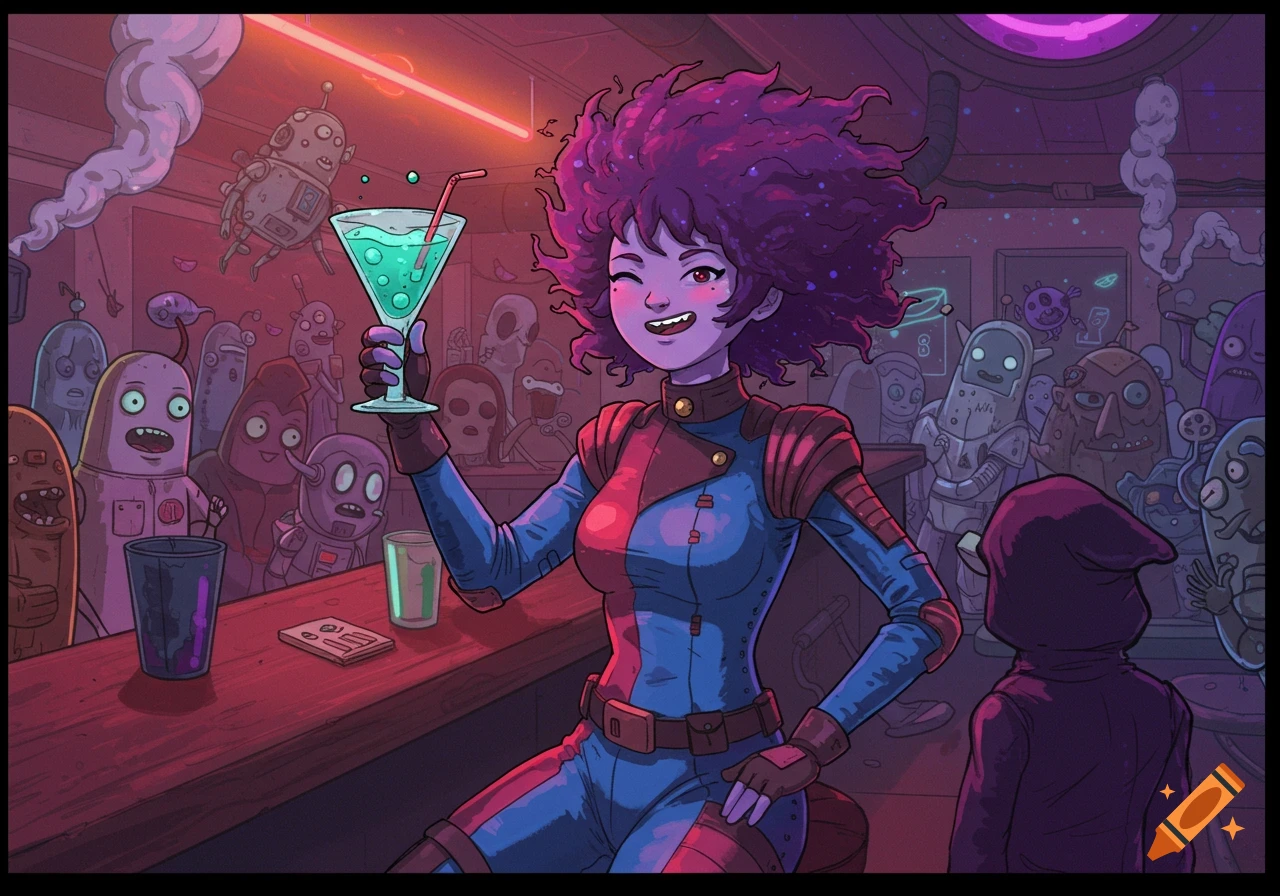 A female space rogue with purple hair winks while holding a drink in a bustling alien cantina, styled like Adventure Time.