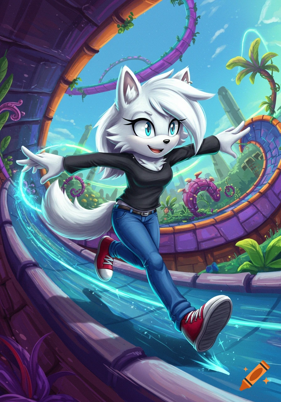 A white anthropomorphic wolf in Sonic style, wearing a black shirt and jeans, running on a futuristic track.