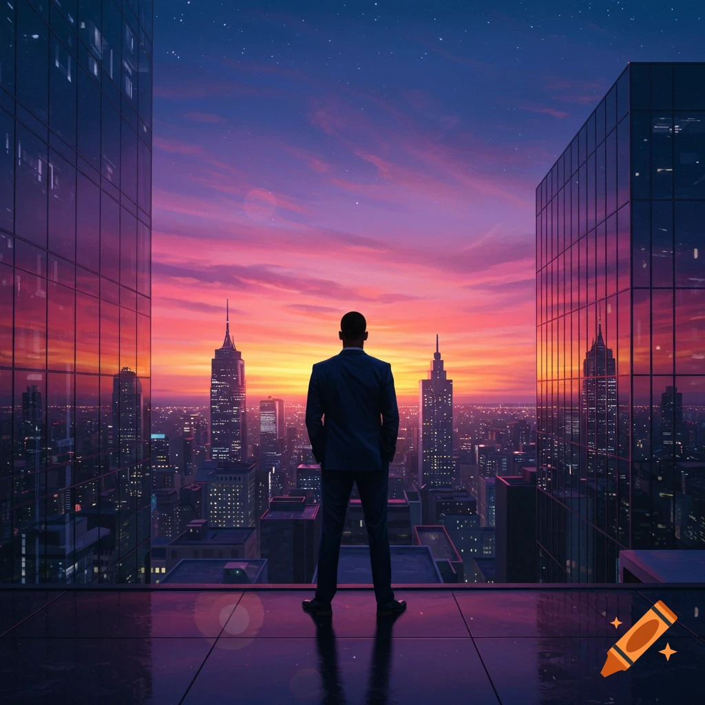 Man in suit on a rooftop overlooking a vibrant city skyline at sunset, photorealistic style.