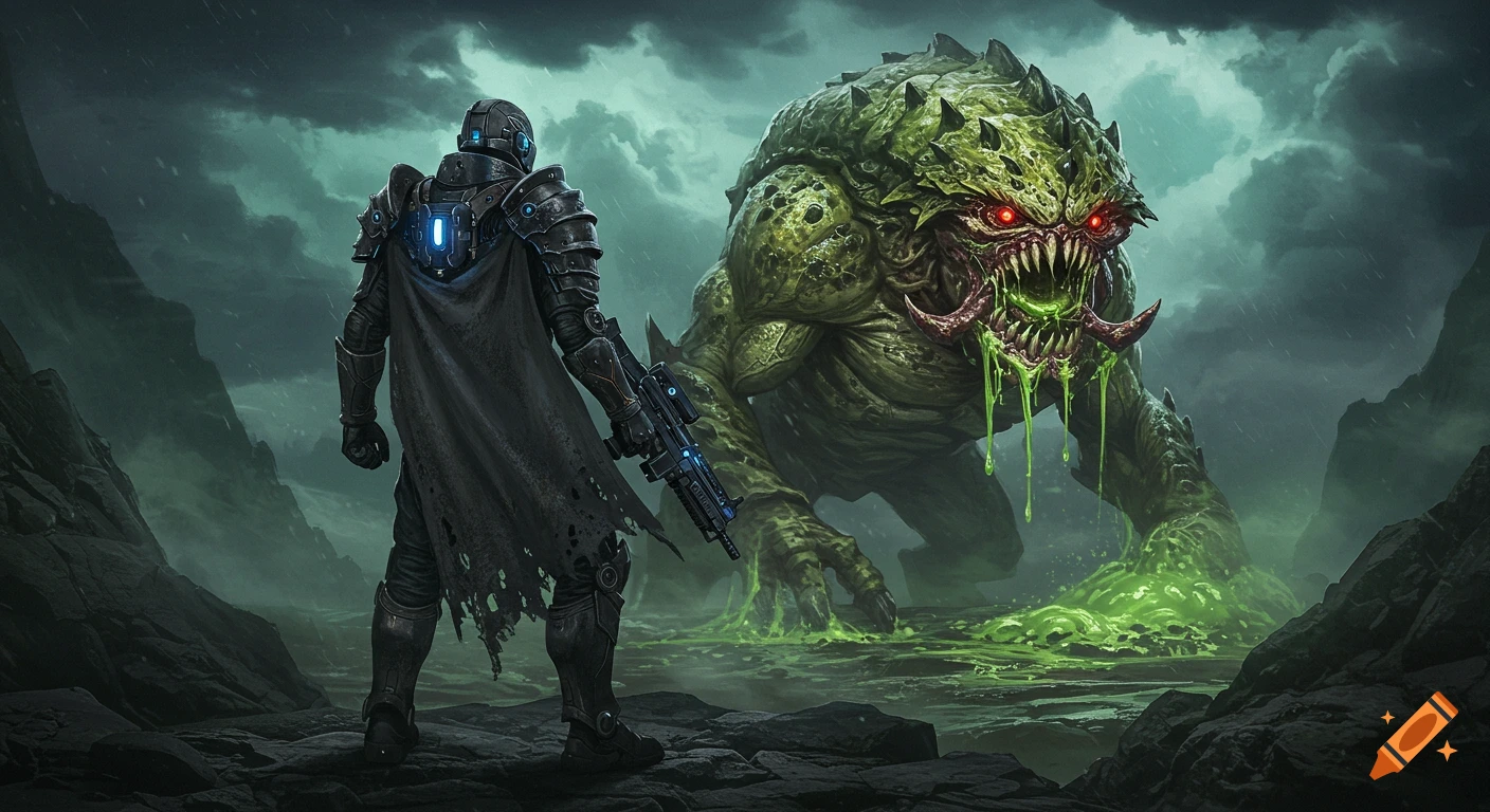 A futuristic soldier in dark armor and cape faces a colossal, green, slimy alien monster with glowing red eyes on a rocky, foggy planet under a stormy sky.