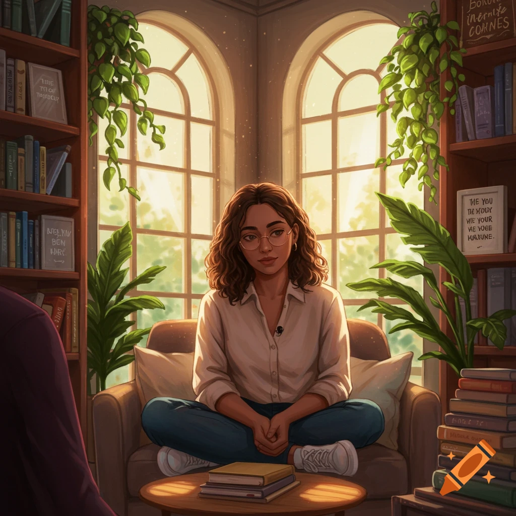 A woman with curly hair and glasses sits cross-legged on a chair in a bright library with plants and large windows.