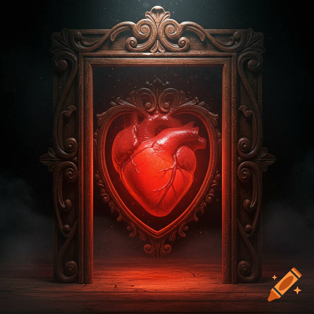 A glowing red anatomical heart in an ornate heart-shaped frame, surrounded by a larger decorative wooden frame.