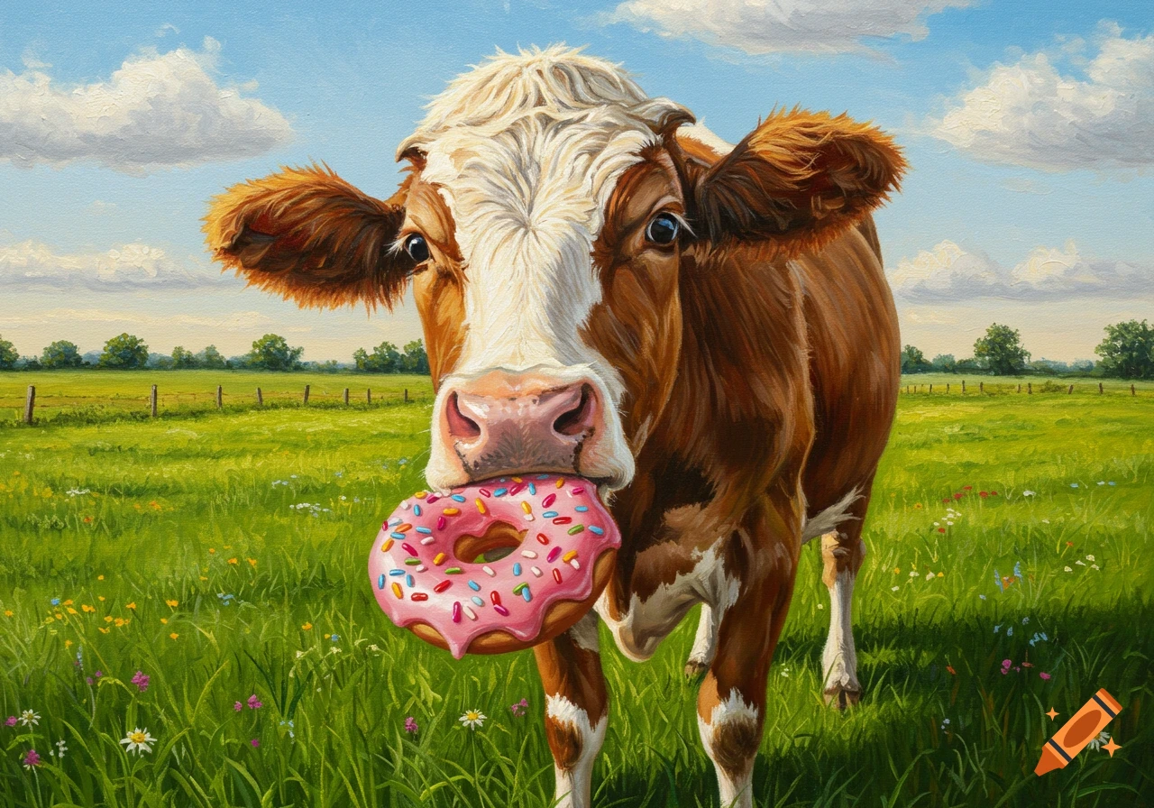 A brown and white cow holding a pink, sprinkle-covered donut in its mouth in a green field under a blue sky, painted style.