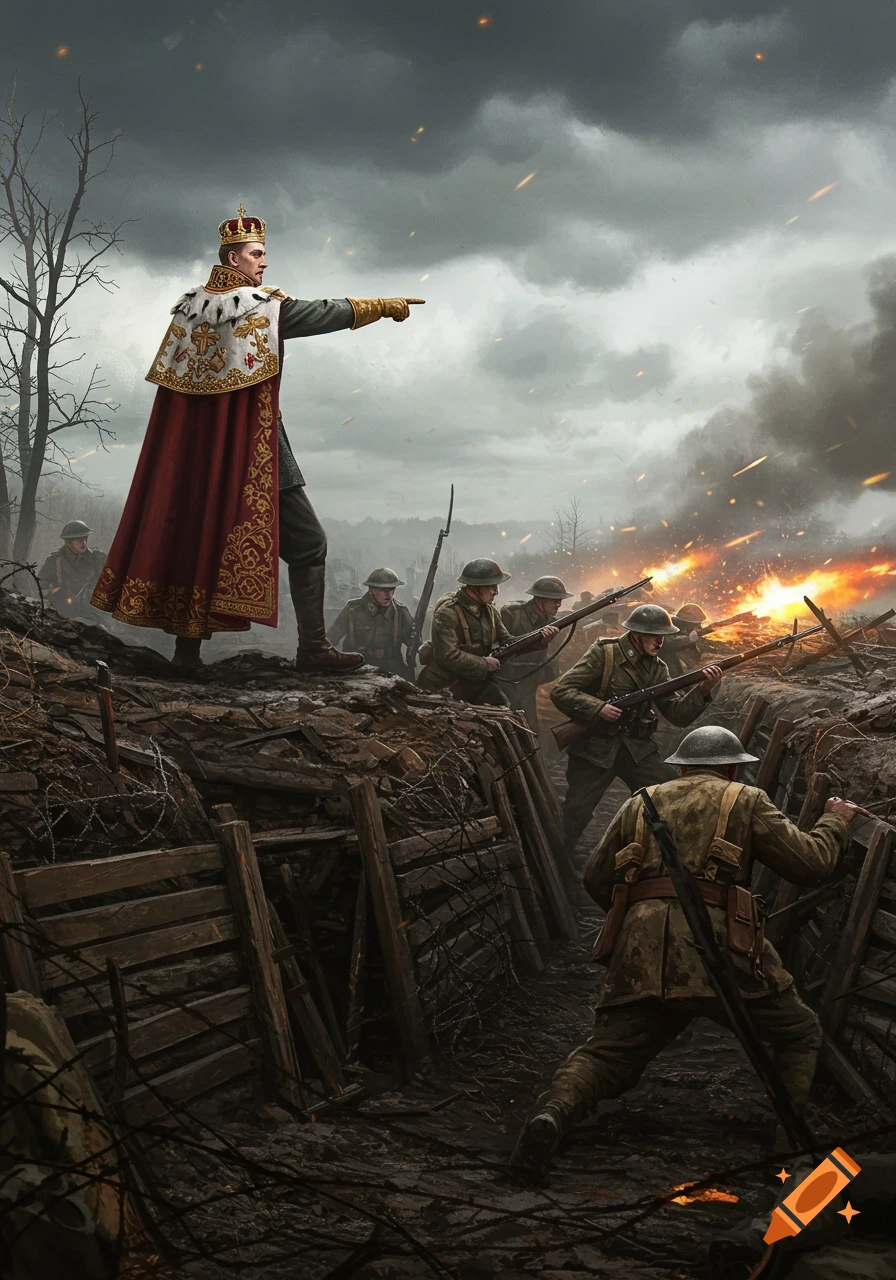A king in a crown and regal cloak commands WWI soldiers in muddy trenches during a battle with explosions and smoke.