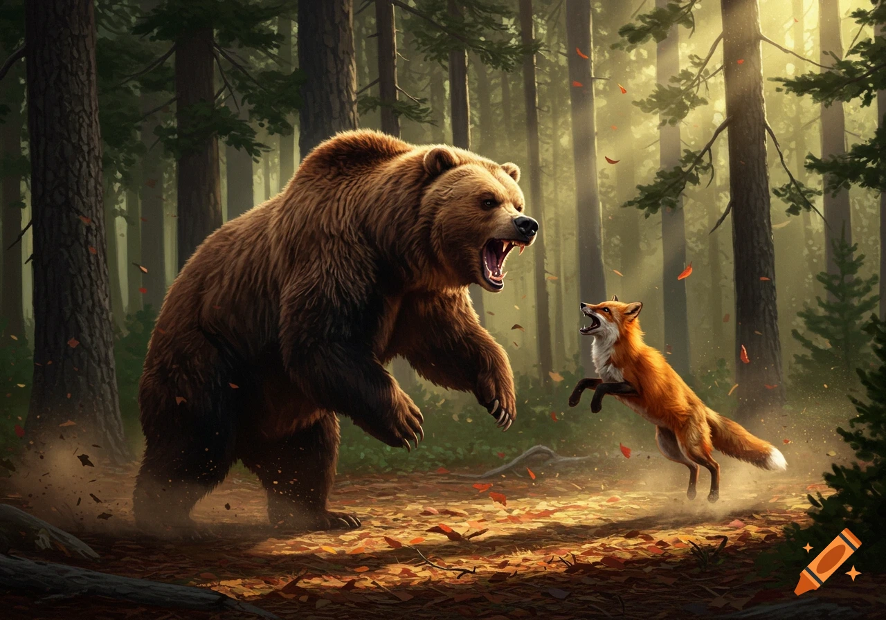 A large brown bear roars at a leaping red fox in a sunlit forest, surrounded by fallen leaves, in a realistic illustration style.