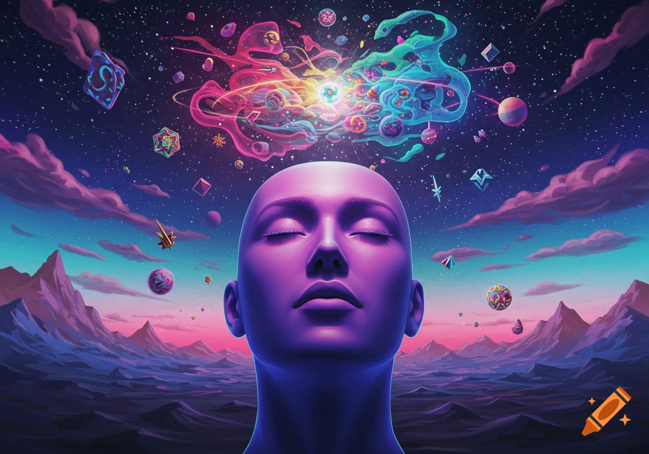 A bald purple head with closed eyes looks up at swirling neon cosmic shapes and stars above purple mountains.