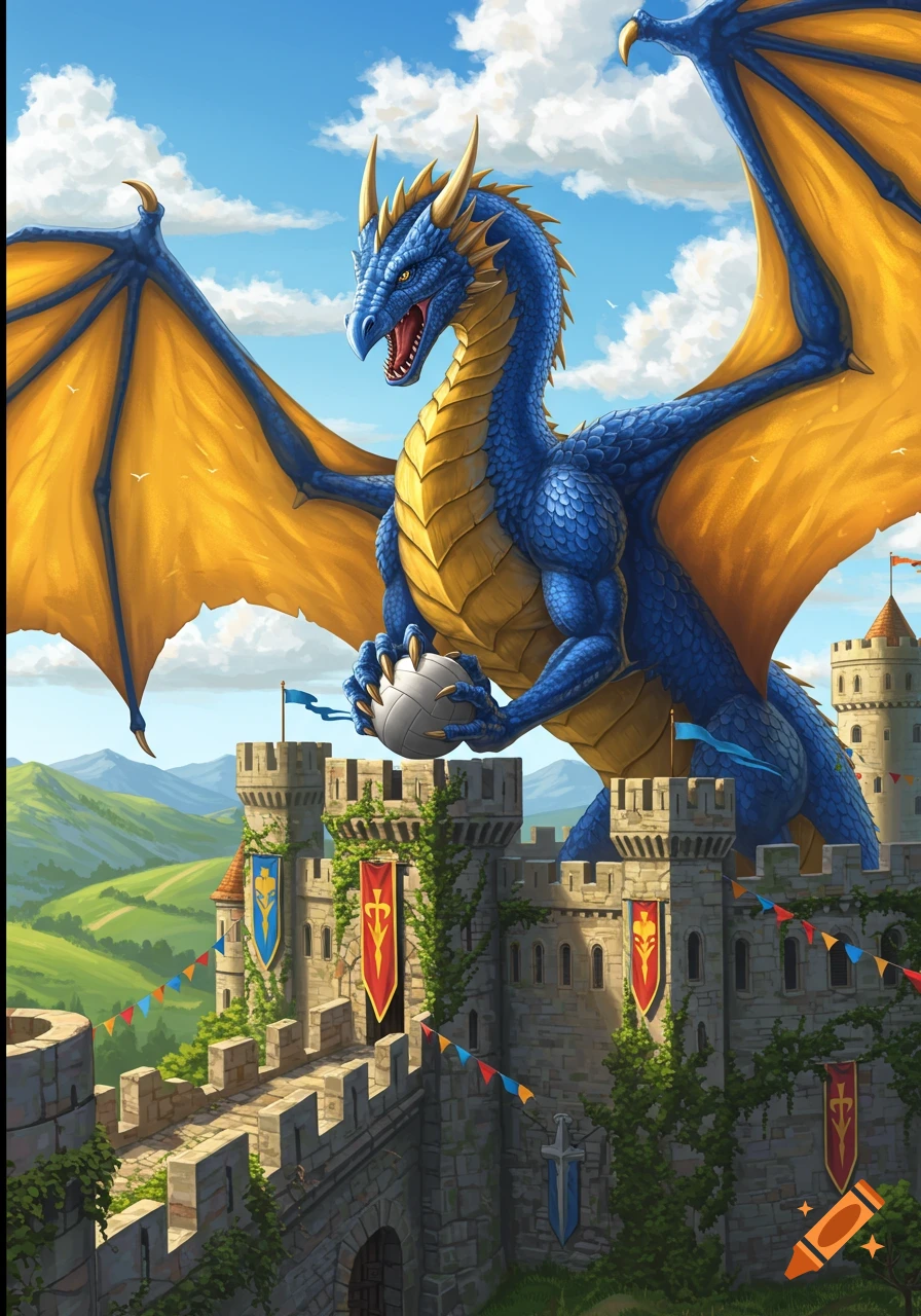 Giant blue and yellow dragon perches on a medieval castle, holding a volleyball. Lush green hills and mountains under a blue sky.