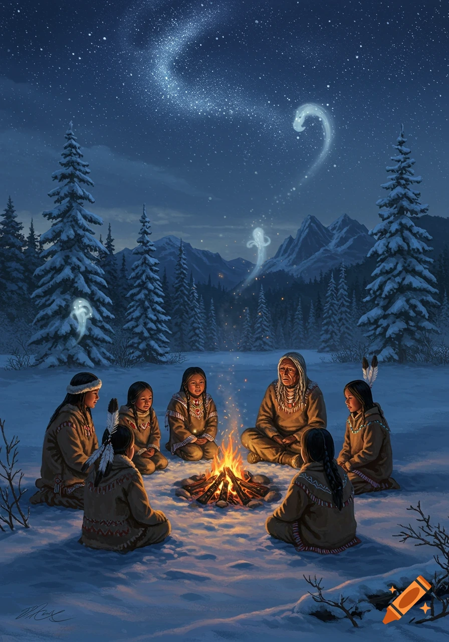 An illustrated night scene of Native children and an elder sitting around a campfire in a snowy forest, with glowing spirits in the starry sky.