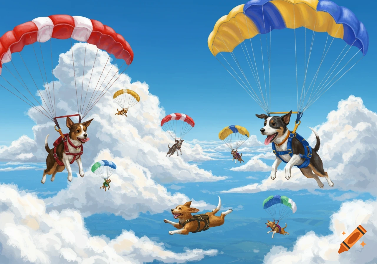 Cartoon dogs with open mouths and tongues out, skydiving with colorful parachutes through white clouds in a blue sky.