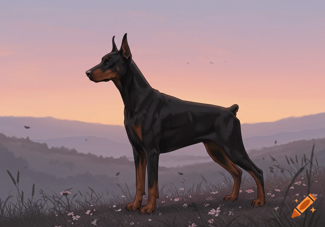 A black and tan Doberman dog stands in profile on a grassy hill with wildflowers against a pastel sunset sky.