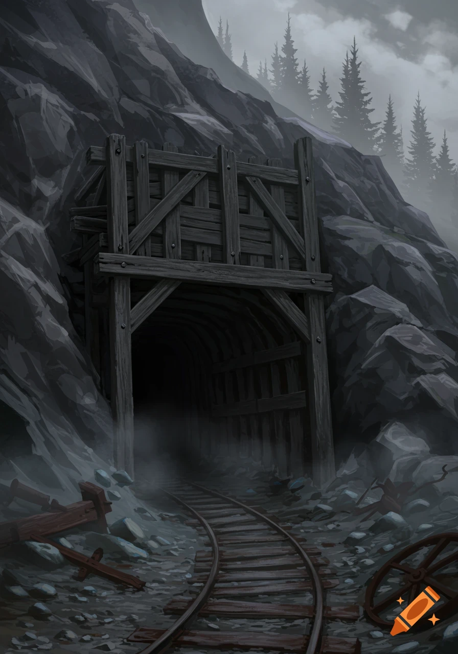 A dark, atmospheric illustration of an abandoned mine entrance with wooden supports, railroad tracks, and misty mountains.