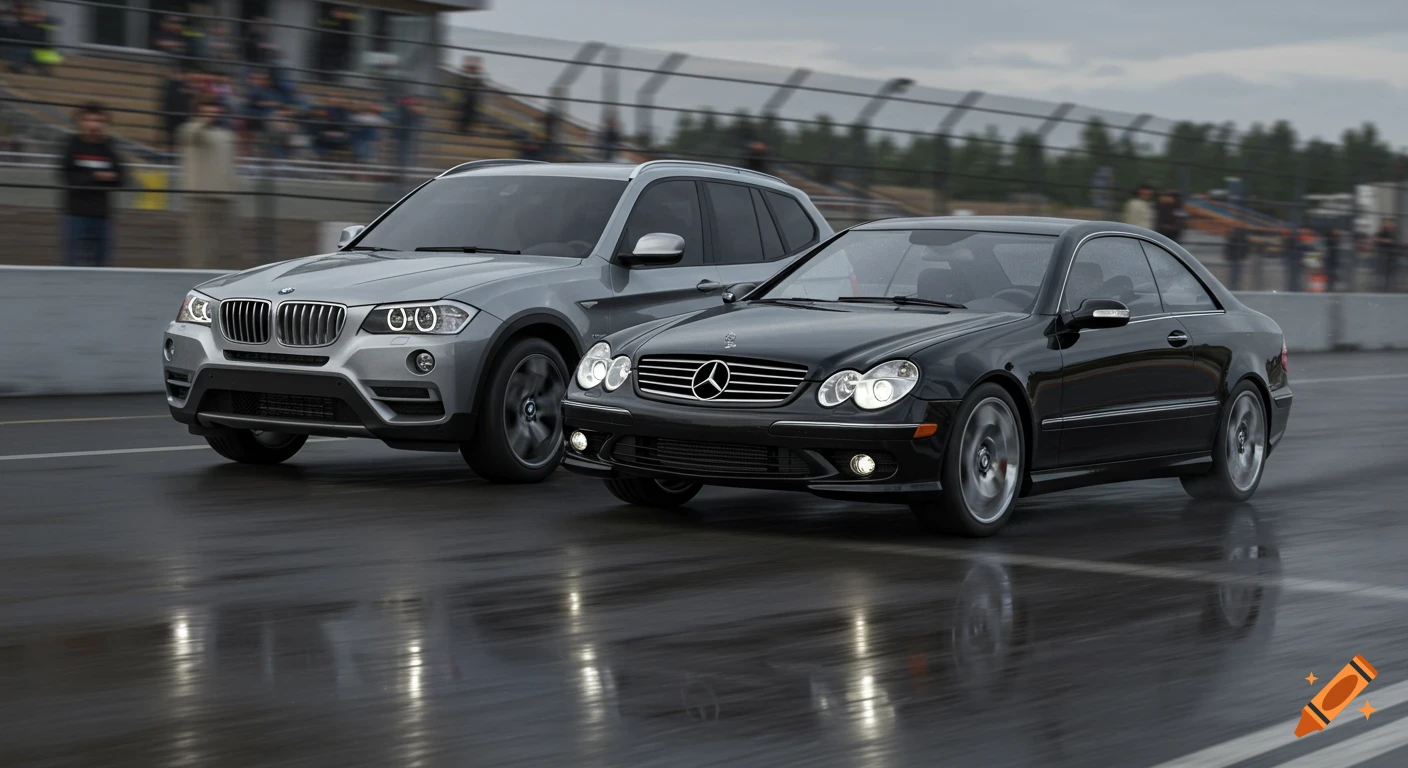 A black Mercedes CLK55 AMG races a gray BMW X3 on a wet track with blurred spectators in a photorealistic action shot.