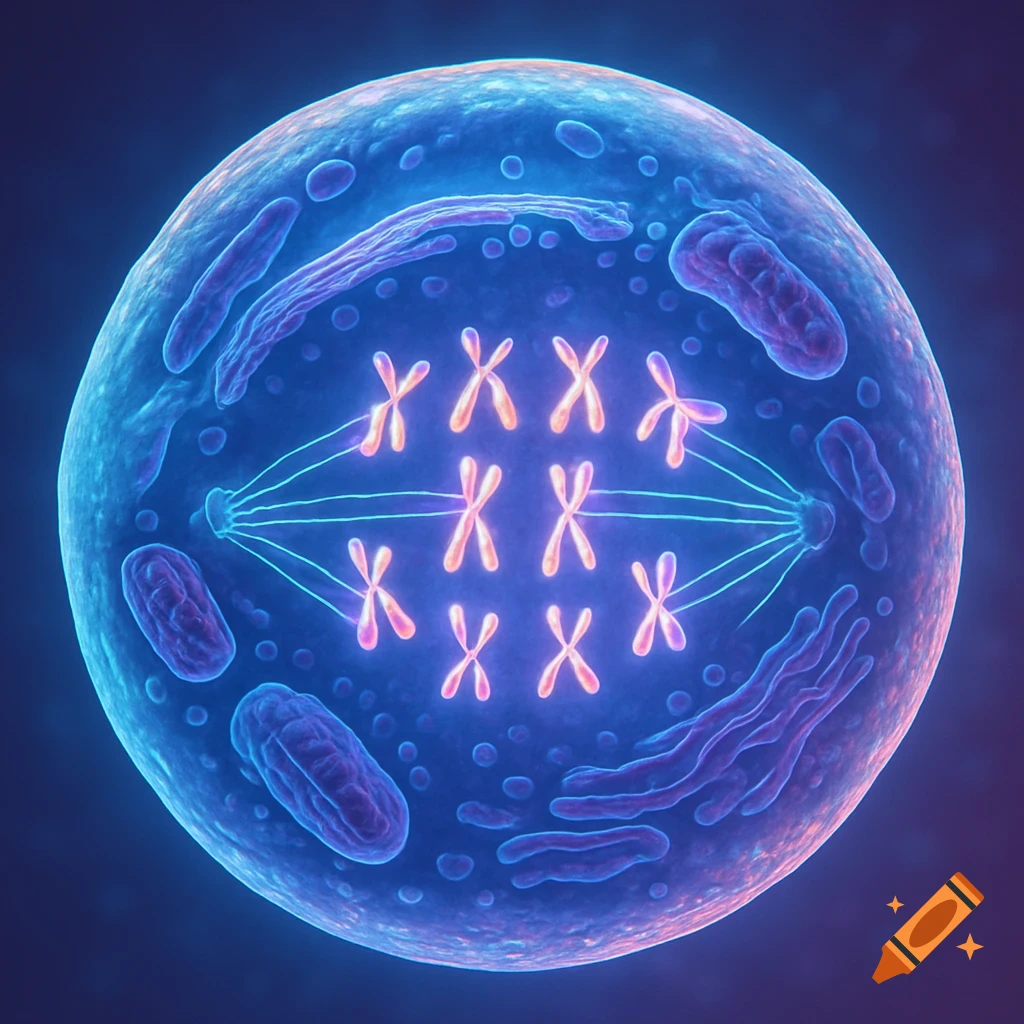 A vibrant, detailed microscopic illustration of an animal cell undergoing mitosis, with glowing chromosomes aligned and spindle fibers visible.
