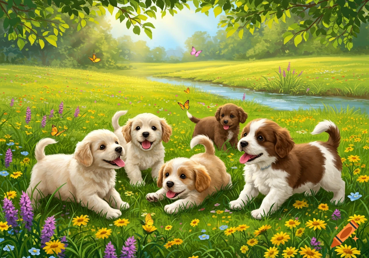 Five happy puppies, some light and some brown and white, play in a sunny field filled with colorful wildflowers near a small stream.