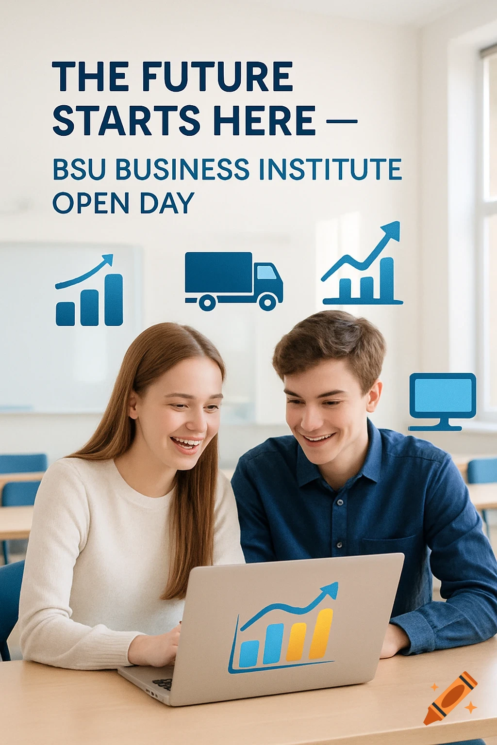 Two smiling students look at a laptop in a classroom, surrounded by business icons. Text reads: "The Future Starts Here - BSU Business Institute Open Day".