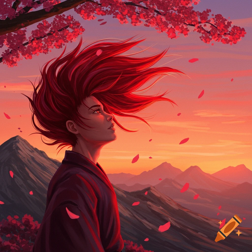 A stylized person with flowing red hair looks up at a vibrant sunset over mountains with falling red petals.