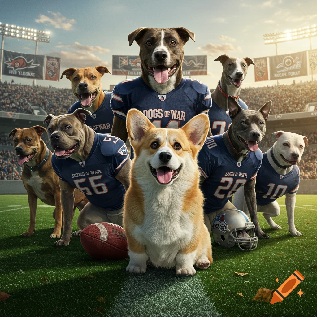 A photorealistic image of a team of diverse dogs, including a corgi, wearing football uniforms and posing on a football field in a stadium.