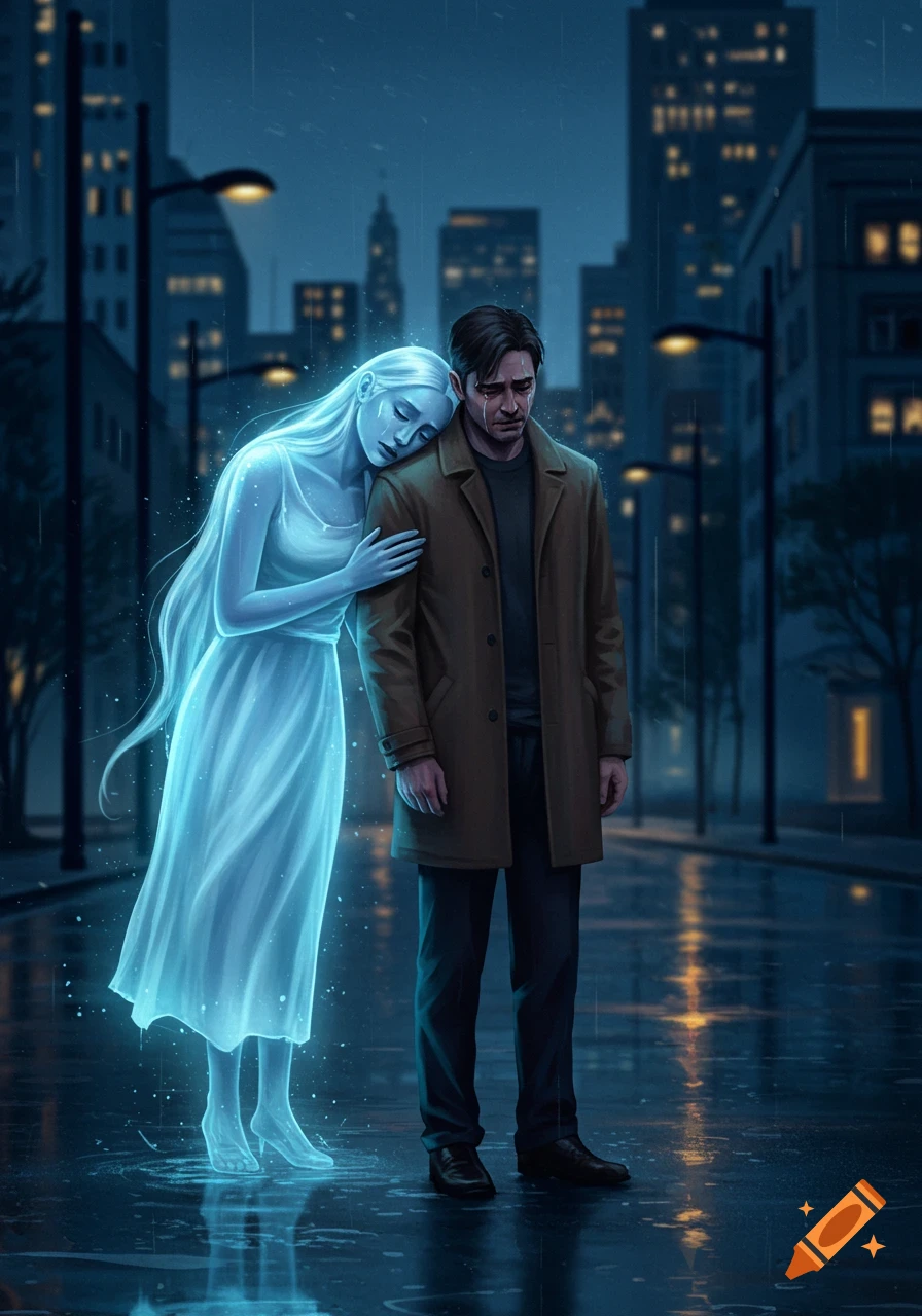 Digital art of a ghostly woman consoling a crying man on a rainy city street at night.
