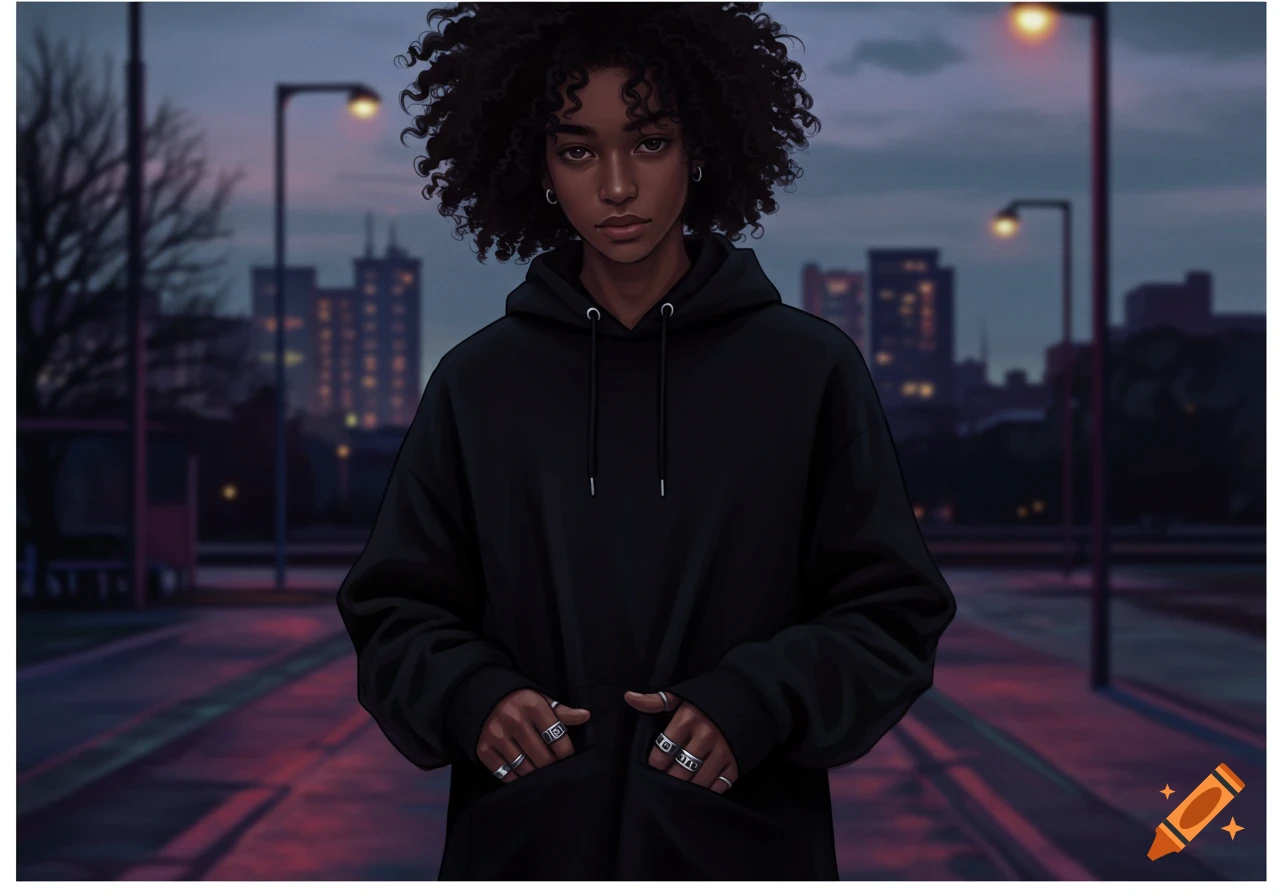 Digital art portrait of a person with curly hair wearing a black hoodie and rings, in an urban setting at dusk.