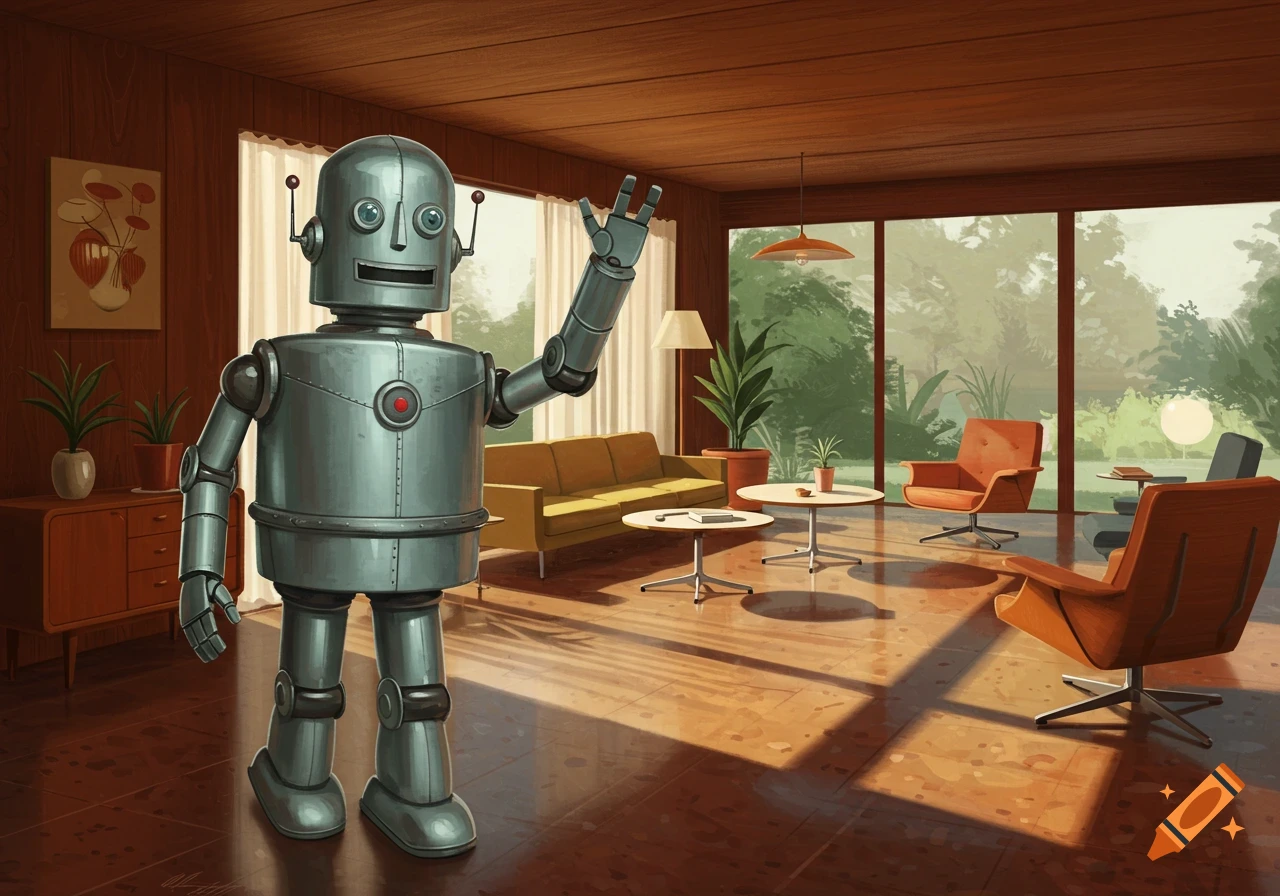 A retro-futuristic robot waves inside a sunlit mid-century modern living room with large windows.