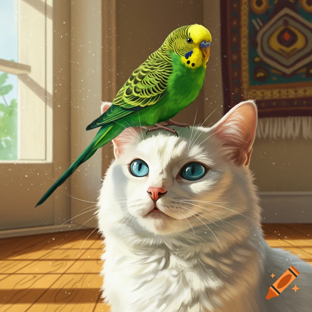 A vibrant green parakeet perches on the head of a white cat with striking blue eyes, in a sunlit room.
