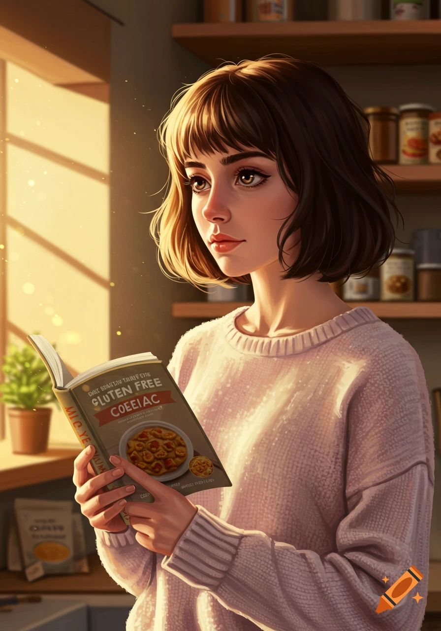 An illustrated young woman with short brown hair, wearing a pink sweater, reads a book titled "Gluten Free Coeliac" in a sunlit kitchen.