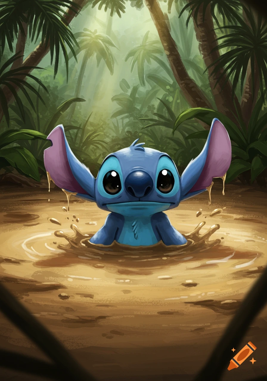 Cartoon illustration of Stitch sinking into mud in a lush jungle setting.