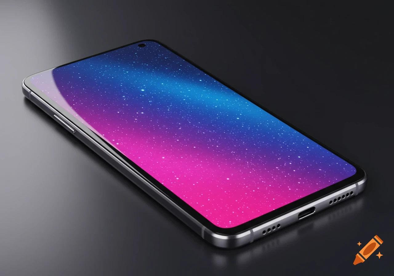 Realistic smartphone with a glowing blue and pink galaxy wallpaper on its screen, resting on a dark surface.