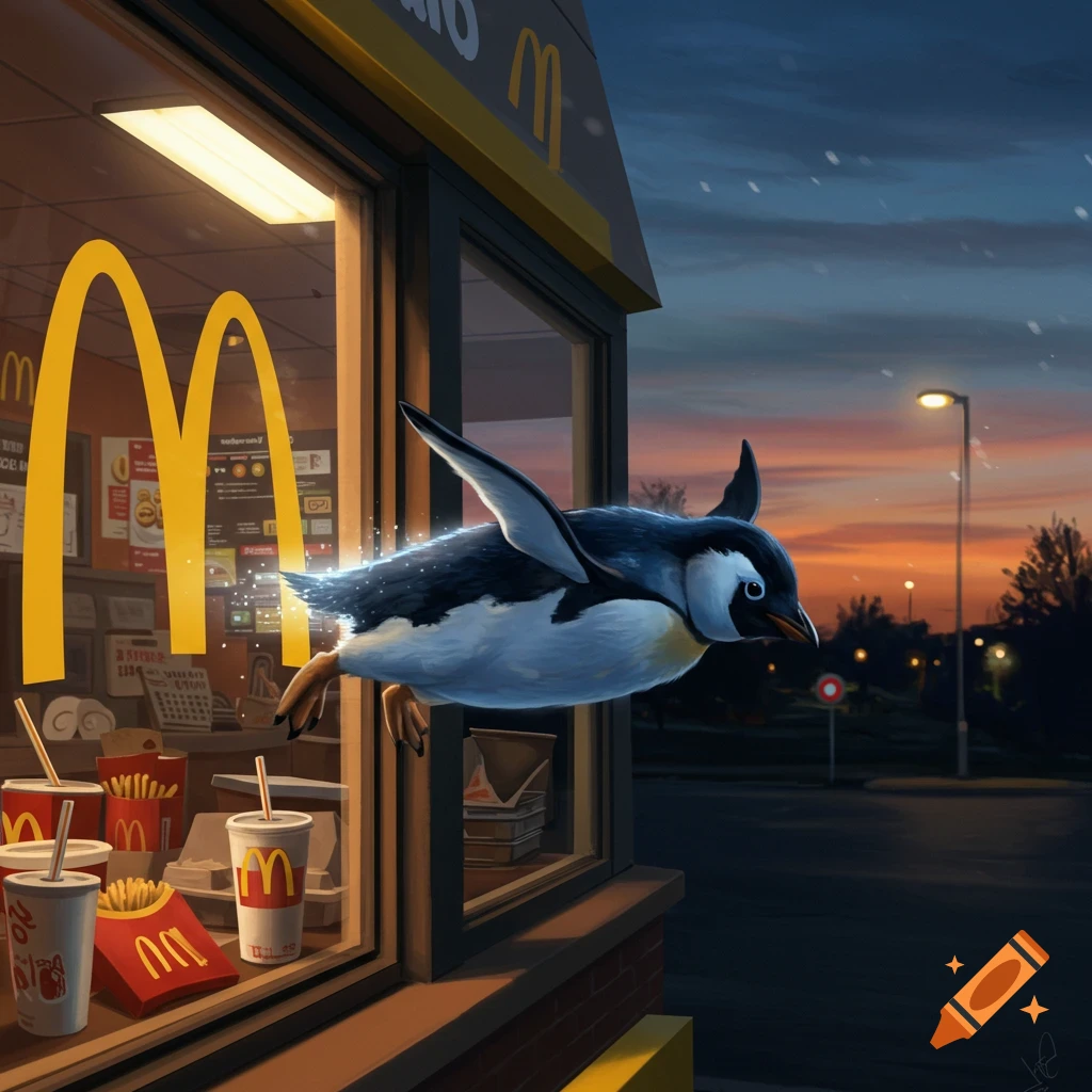 A penguin with glowing wings flies through a McDonald's drive-thru window at dusk, past french fries and drinks.