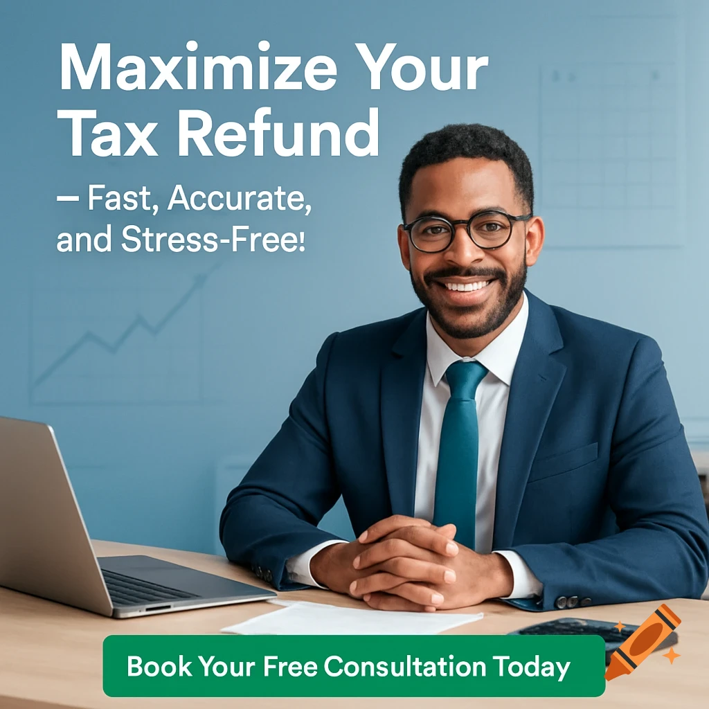 Smiling Black man in a suit at a desk with a laptop, next to text 'Maximize Your Tax Refund' and 'Book Your Free Consultation Today'.
