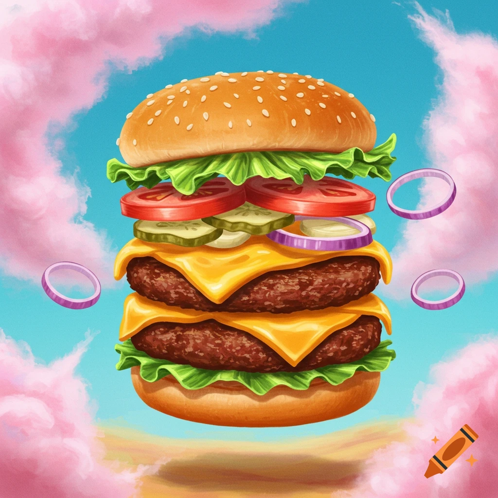 A vibrant, stylized illustration of a towering double cheeseburger with all the toppings, floating in a blue sky with pink cotton candy clouds and floating onion rings.