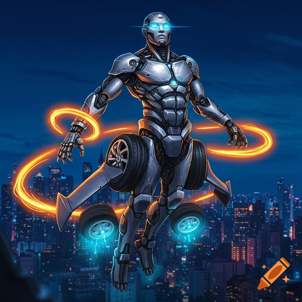A futuristic silver robot superhero with glowing blue eyes, car wheels, and orange energy rings floats over a city at night.