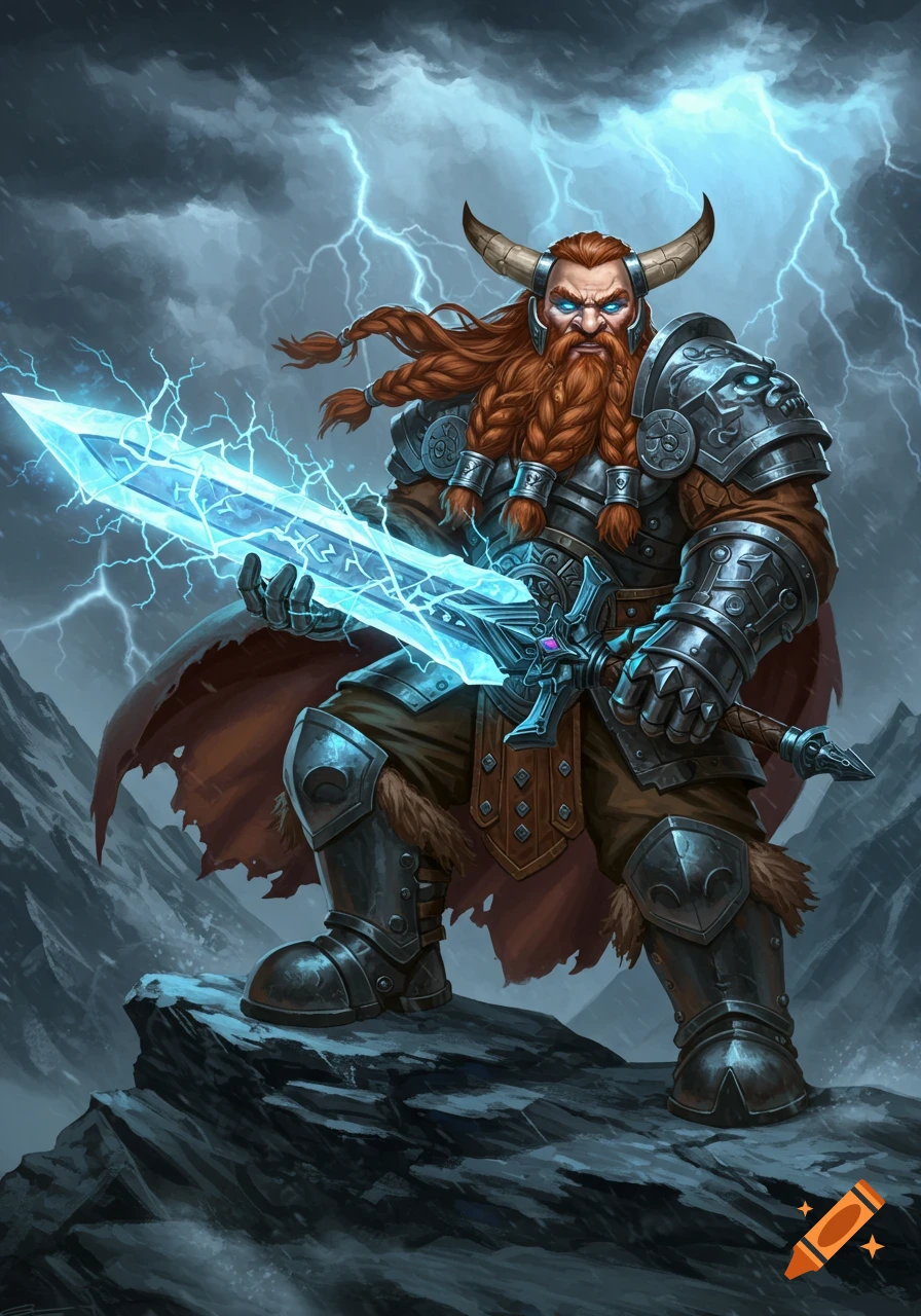 A fierce dwarf warrior in horned helmet and armor, holding a glowing blue thunder sword amidst a stormy, mountainous landscape, digital art.
