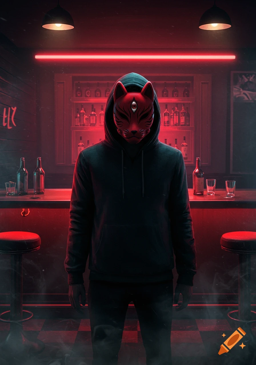 A mysterious figure in a black hoodie and a red kitsune mask with a third eye stands in a dimly lit bar, bathed in red neon light, dark anime style.