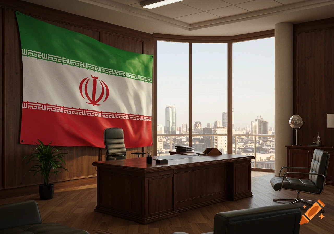 A photorealistic image of a modern office with dark wood paneling, a large executive desk, and a waving Iranian flag hanging on the wall. A city skyline is visible through a large window.