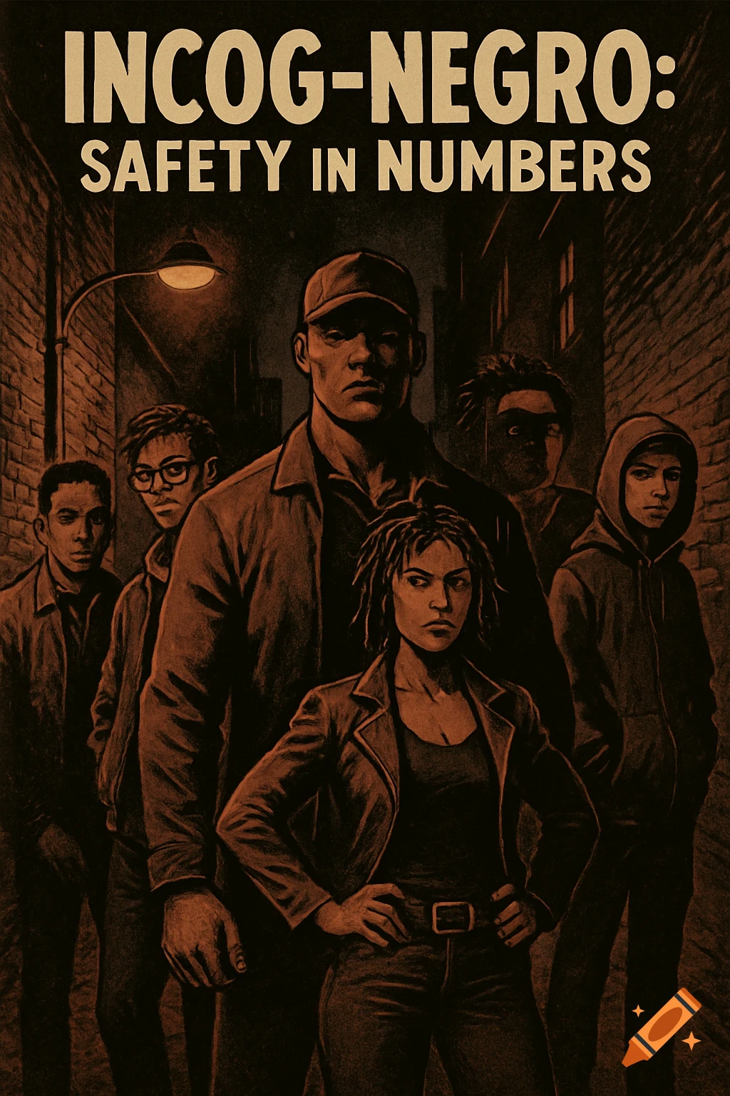 Graphic novel style book cover titled 'INCOG-NEGRO: SAFETY IN NUMBERS' showing six diverse individuals in a shadowy urban alley.
