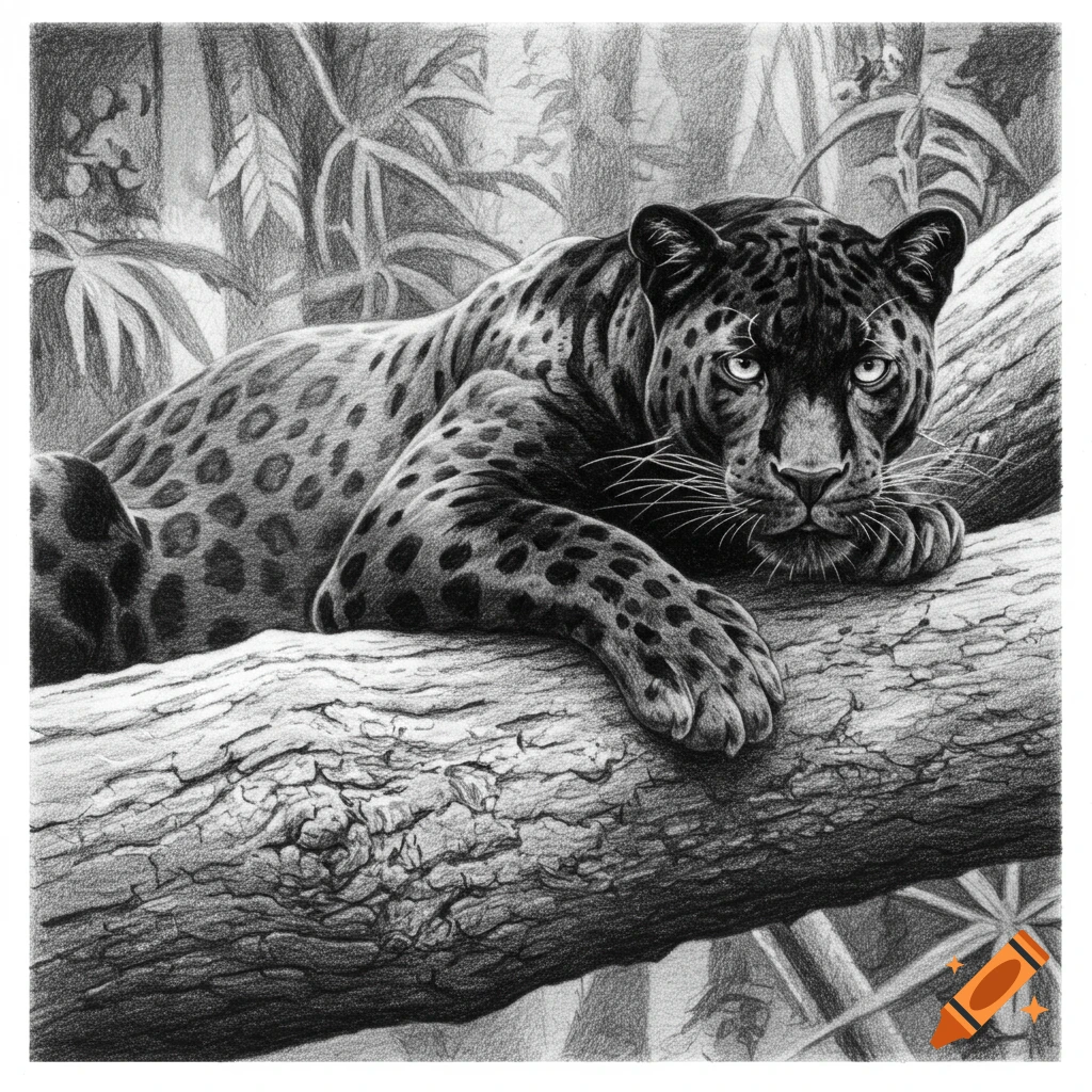 Detailed black and white pencil sketch of a black panther resting on a tree branch in a jungle.