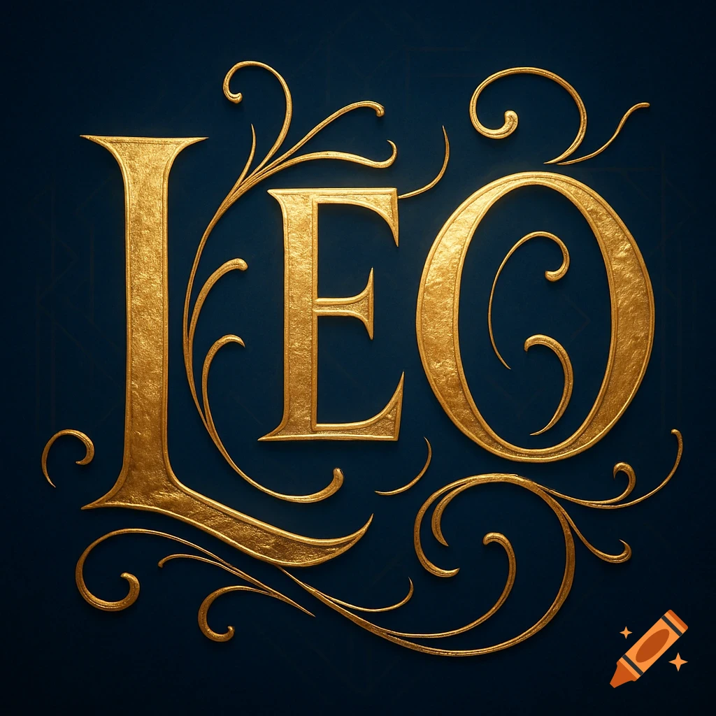 Ornate golden letters 'L E O' with decorative filigree on a dark blue background, elegant style.