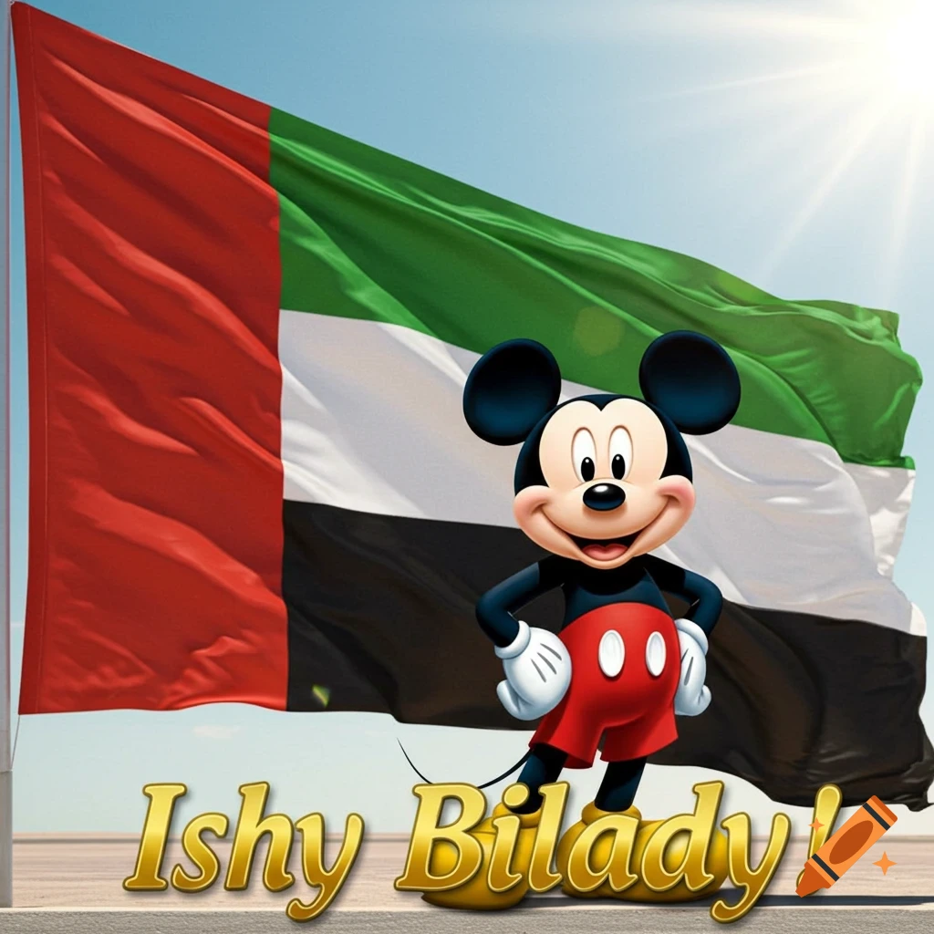 Mickey Mouse stands in front of a waving UAE flag under a sunny sky, with 'Ishy Bilady!' text.