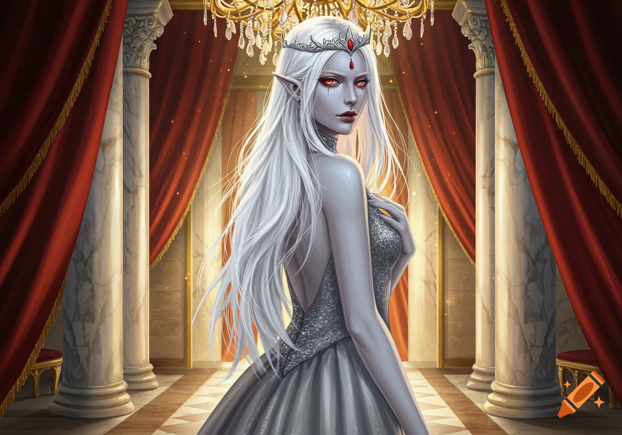 A pale-skinned fantasy queen with long white hair and red eyes, wearing an elegant gown and tiara, in a lavish hall.