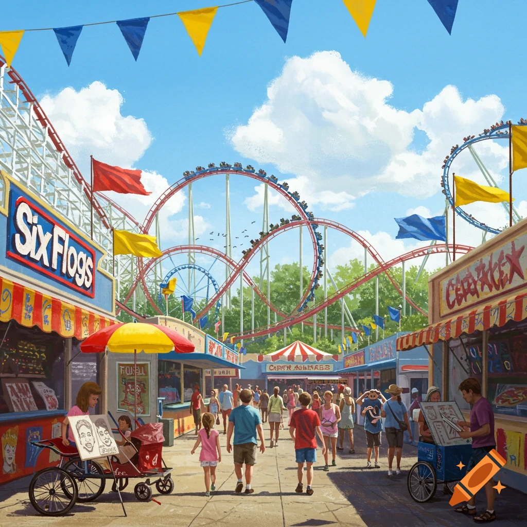 A vibrant amusement park scene with multiple roller coasters, bustling crowds, and concession stands under a sunny sky.