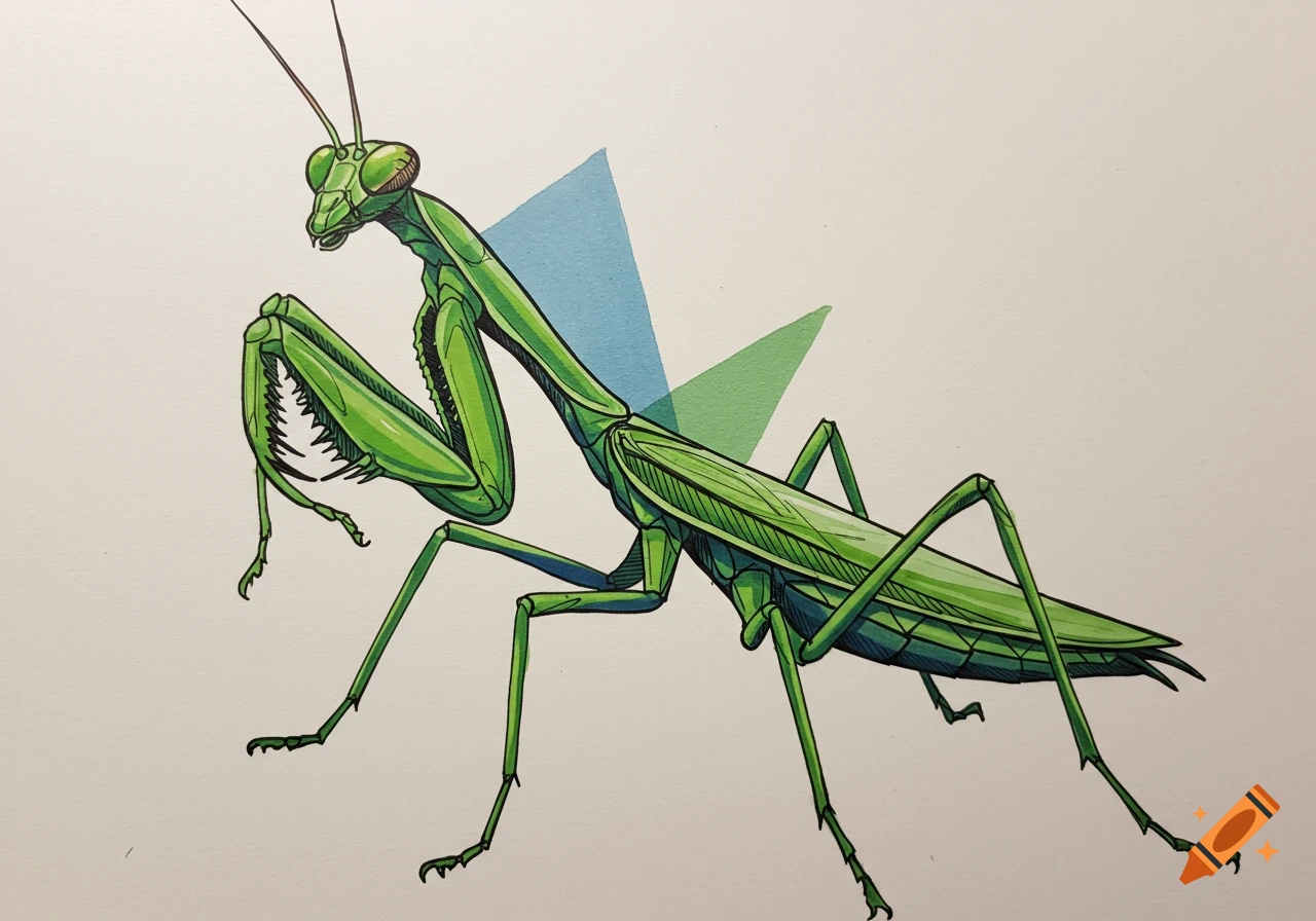 A vibrant green praying mantis illustration with black outlines stands against a white background with abstract blue and green geometric shapes.