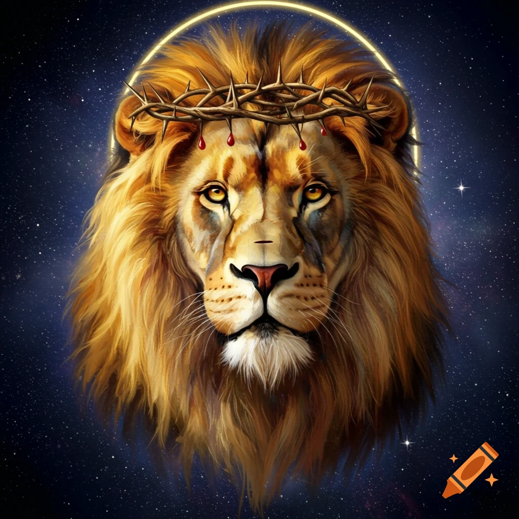 A majestic lion with a golden halo and a crown of thorns, with blood drops, against a starry night sky.