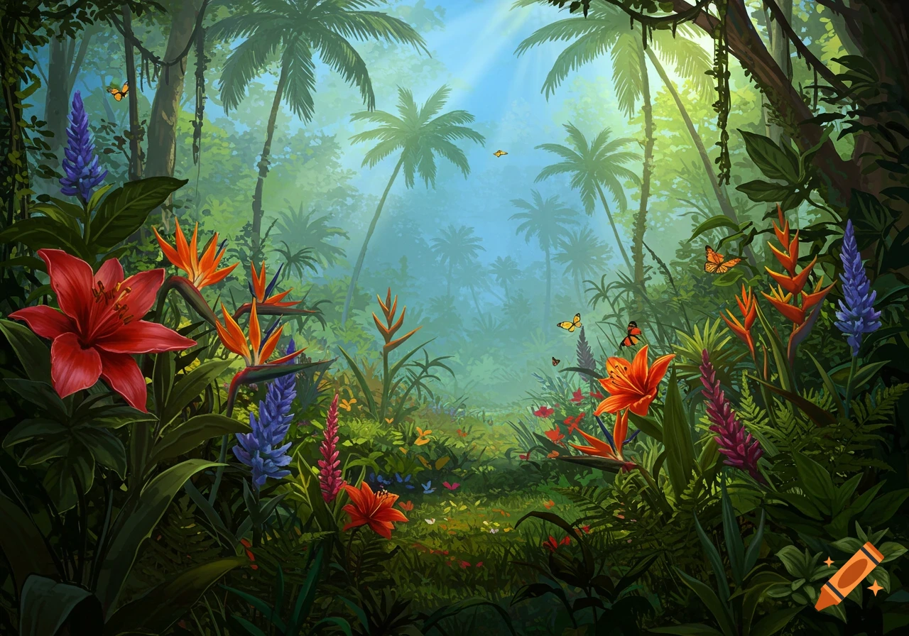 A vibrant, lush jungle scene with numerous tropical flowers in red, orange, and purple hues, and tall palm trees under a bright sky, with butterflies flitting about.