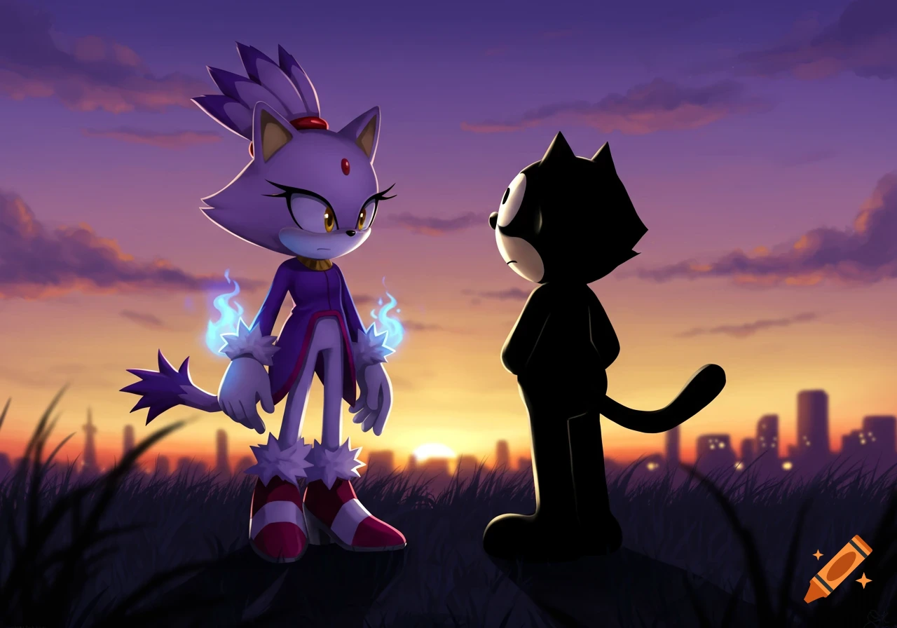 Blaze the Cat and Felix the Cat stand on a grassy hill, facing each other with a cityscape and sunset sky in the background.